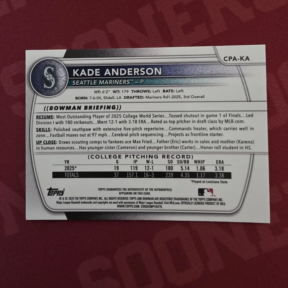 2025 Bowman Draft Kade Anderson Chrome Auto Aqua Lava Refractor 1st 52/199